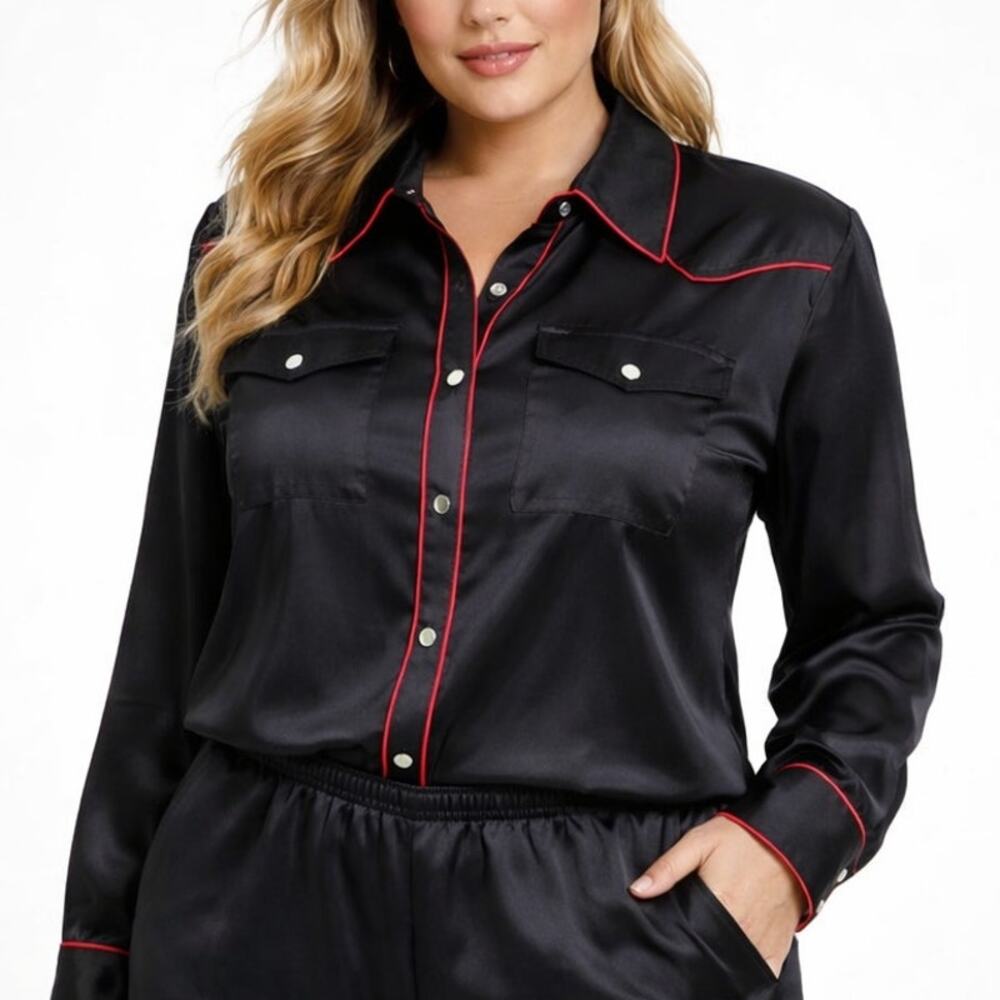 Kenar Studio 100% Silk Pajama Top – NWT – Size 8 – Black w/ Red Trim